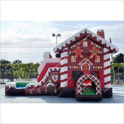 Inflatable Gingerbread House Christmas Combo Bounce Castle With Water Slide Inflatable Park Near Me - Inflatable-Zone