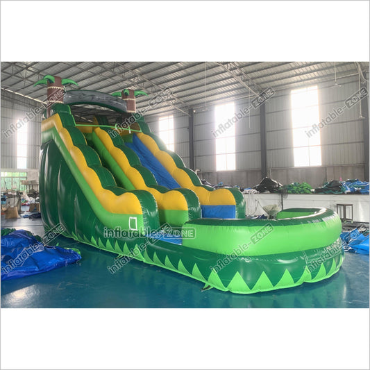 Green Inflatable Palm Tree Water Slide Tropical Rush Waterslide Pool Jump Castle Bouncy Inflatable - Inflatable-Zone