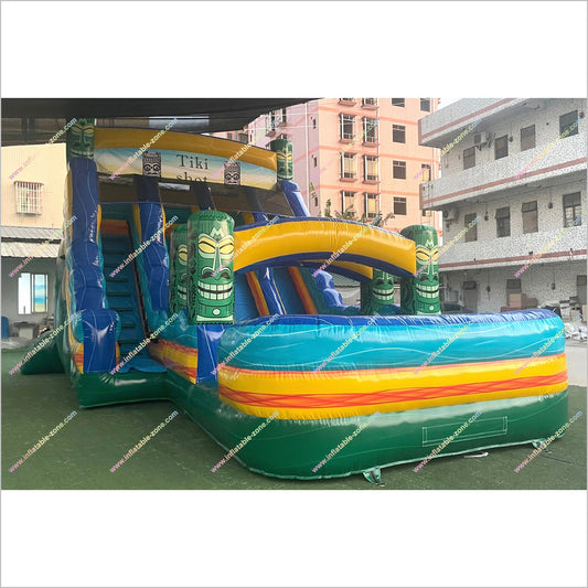Inflatable Water Pool Slide Tiki Shot Hybrid 2-Piece Triple Lane Big Blow Up Water Slide Playground Equipment For The Home