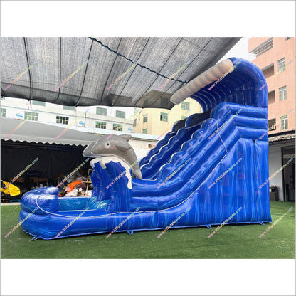 Twin Dolphin Water Slide Inflatables Near Me Ocean Wave Design Big Water Slide Blow Up Splash Pool For Sale