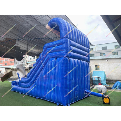 Twin Dolphin Water Slide Inflatables Near Me Ocean Wave Design Big Water Slide Blow Up Splash Pool For Sale