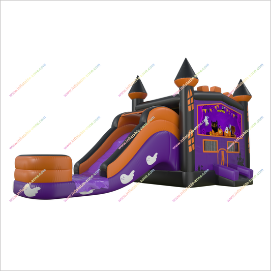 Ghost Halloween Pumpkin Inflatable Haunted Castle Jumper Slide Combo Bounce House With Waterslide Mini Swimming Pool - Inflatable-Zone