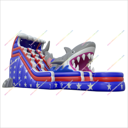 Stars And Stripes Water Slides American Flag Inflatable Shark Attack Double Lane Water Slide Swimming Pool - Inflatable-Zone